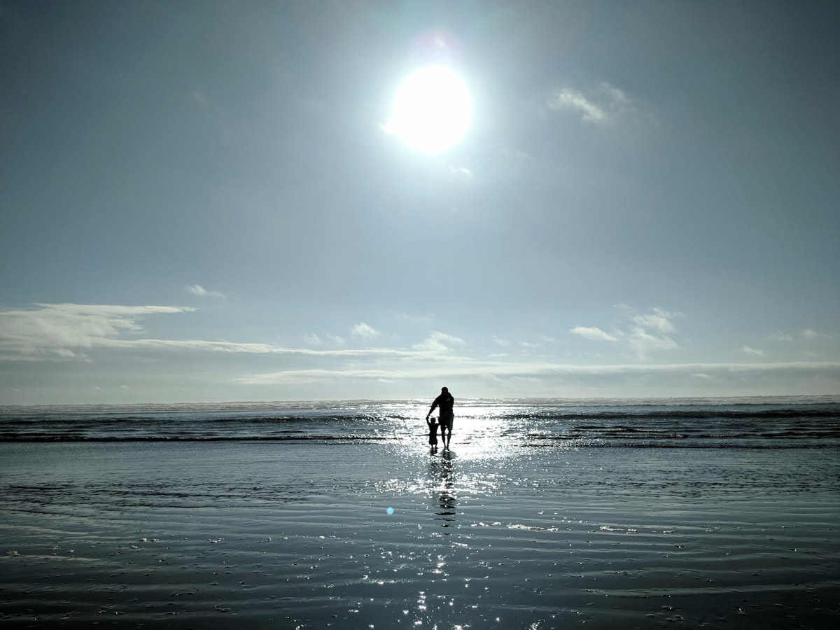 A parent and child walking together on a vast sunlit beach